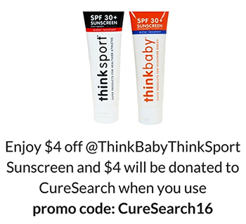 Enjoy $4 off @ThinkBabyThinkSport Sunscreen and $4 will be donated to CureSearch when you use promo code CureSearch 16