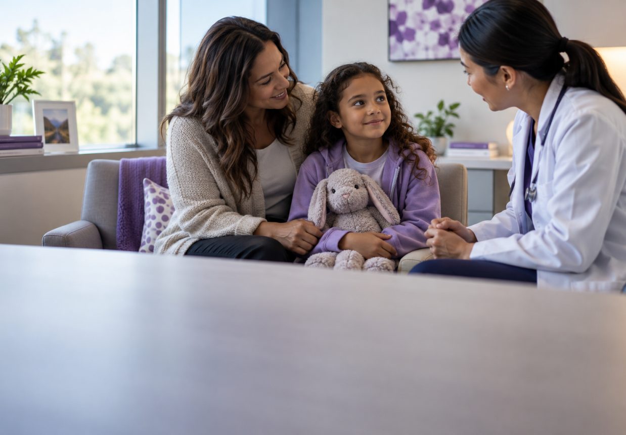 A doctor talking with a young patient and her mother