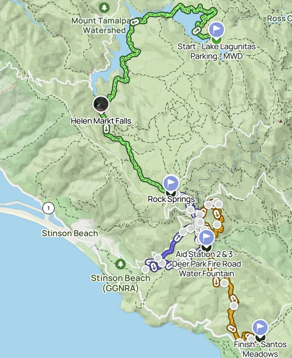 Map of the California Coastal Redwoods Ultimate Hike routes around Mt. Tamalpais