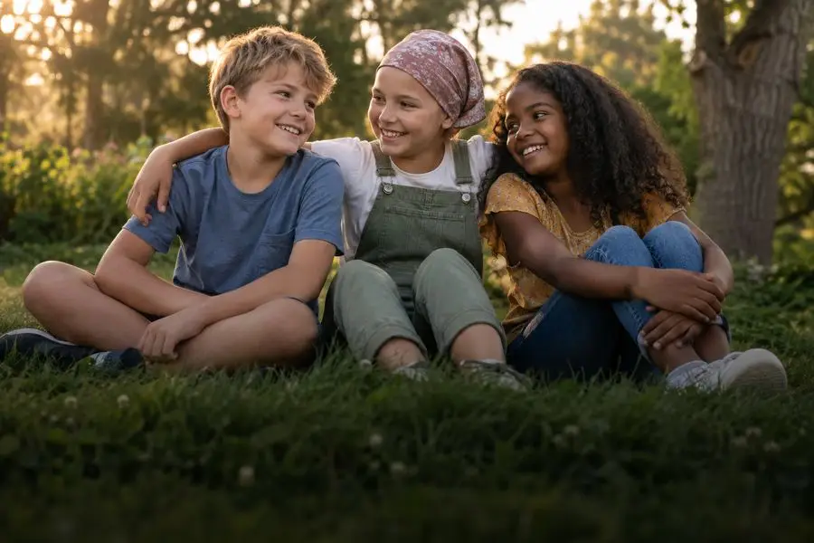 Three smiling children sit together on the grass outdoors