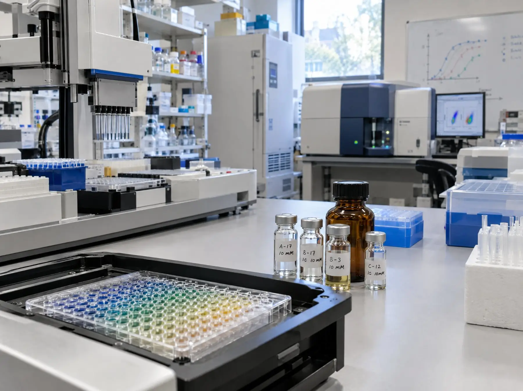 A translational research lab with a 96-well plate, labeled compound vials and an automated liquid handler