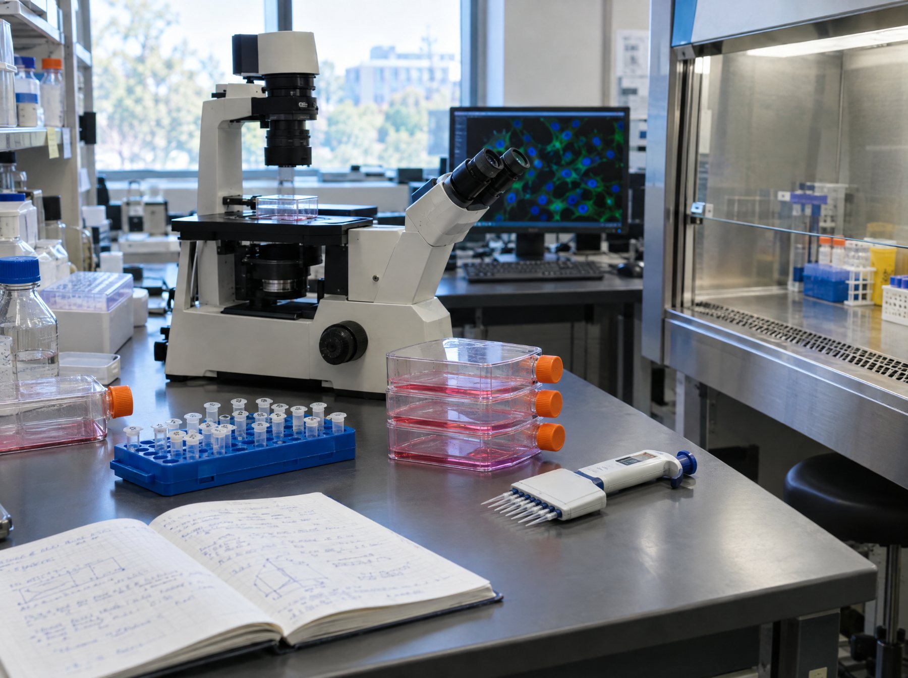 A cancer research lab bench with a microscope, cell culture flasks and an open lab notebook