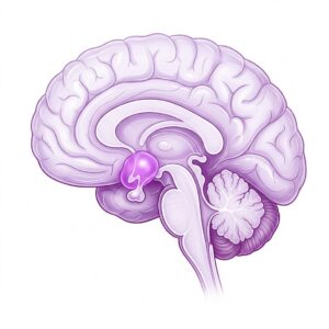 Illustration of the brain with a craniopharyngioma near the pituitary gland