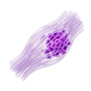 Illustration of muscle fibers with rhabdomyosarcoma cells