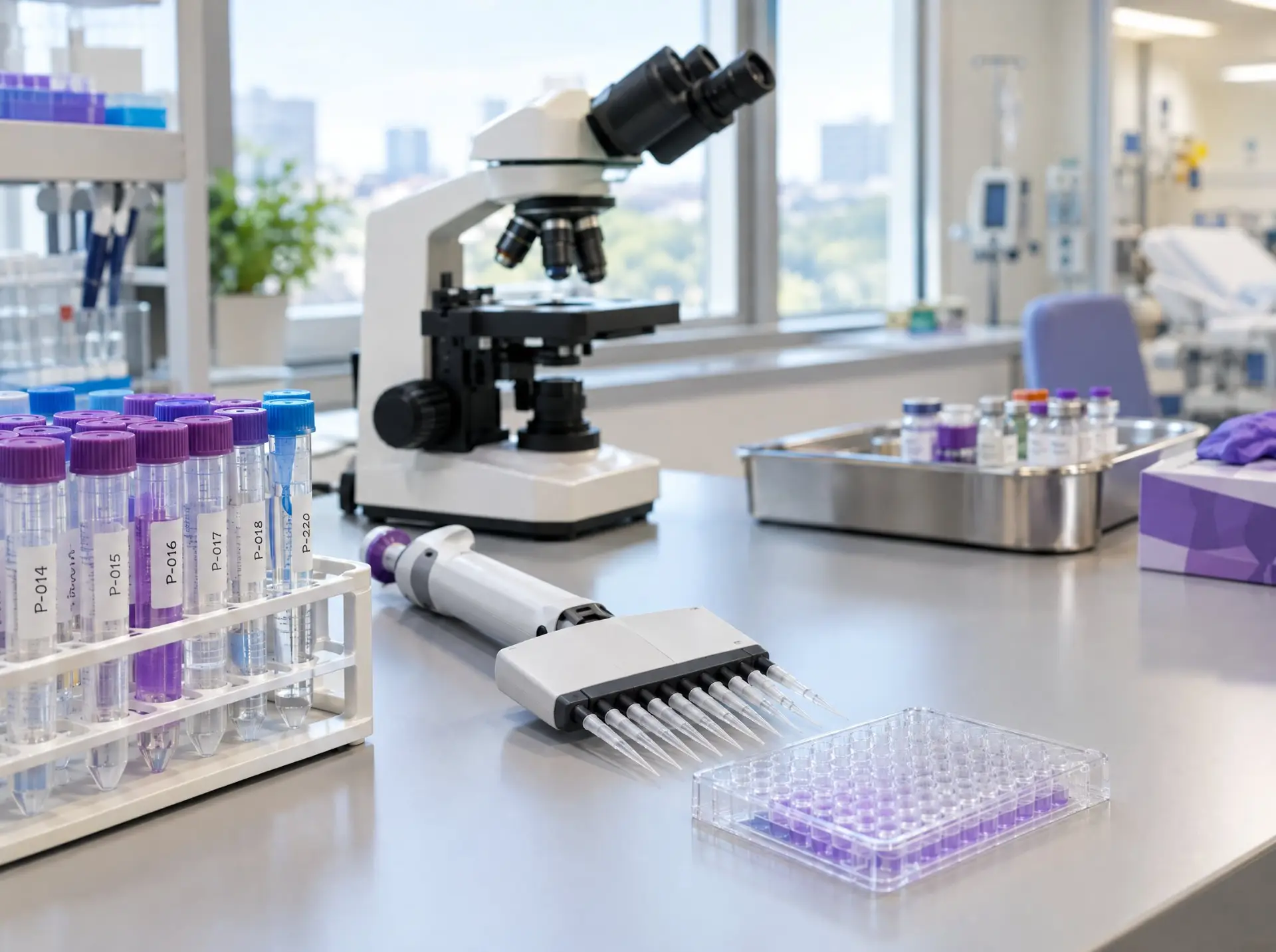 A pediatric cancer research lab bench with sample tubes, a pipette and a microscope, with a clinical care room in the background