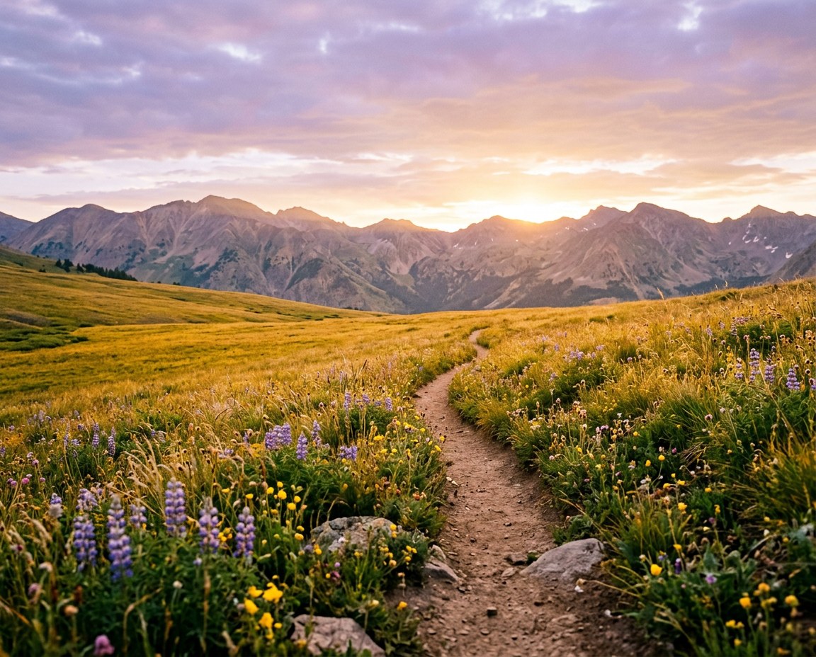 A wildflower-lined trail leading toward mountains at sunrise
