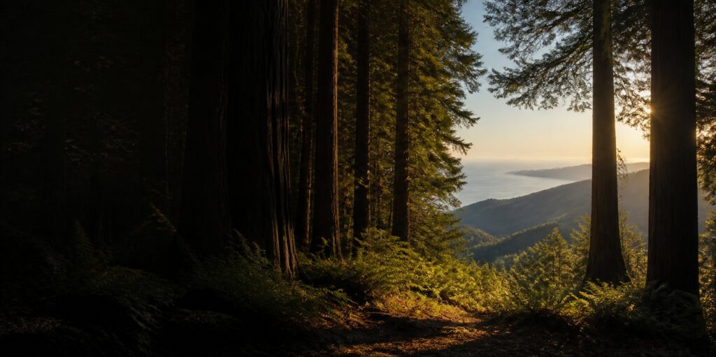 A trail through a redwood forest opening onto a view of the coast