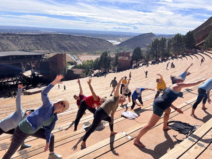 Hikers stretching together at Red Rocks in Colorado